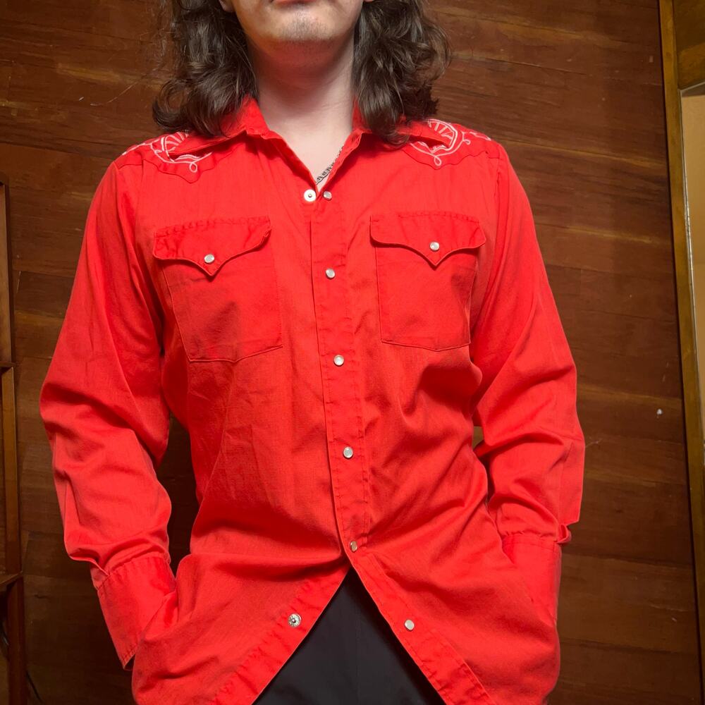 VINTAGE 80s Western Pearl Snap Shirt Size M Chain Stitch Panhandle Slim